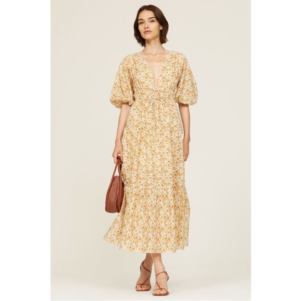 Significant Other Dress Adele Puff Sleeve Lace Front Midi Orange Yellow Floral